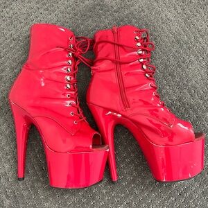 Pleaser Shiny Red Lace-Up Platform Heels